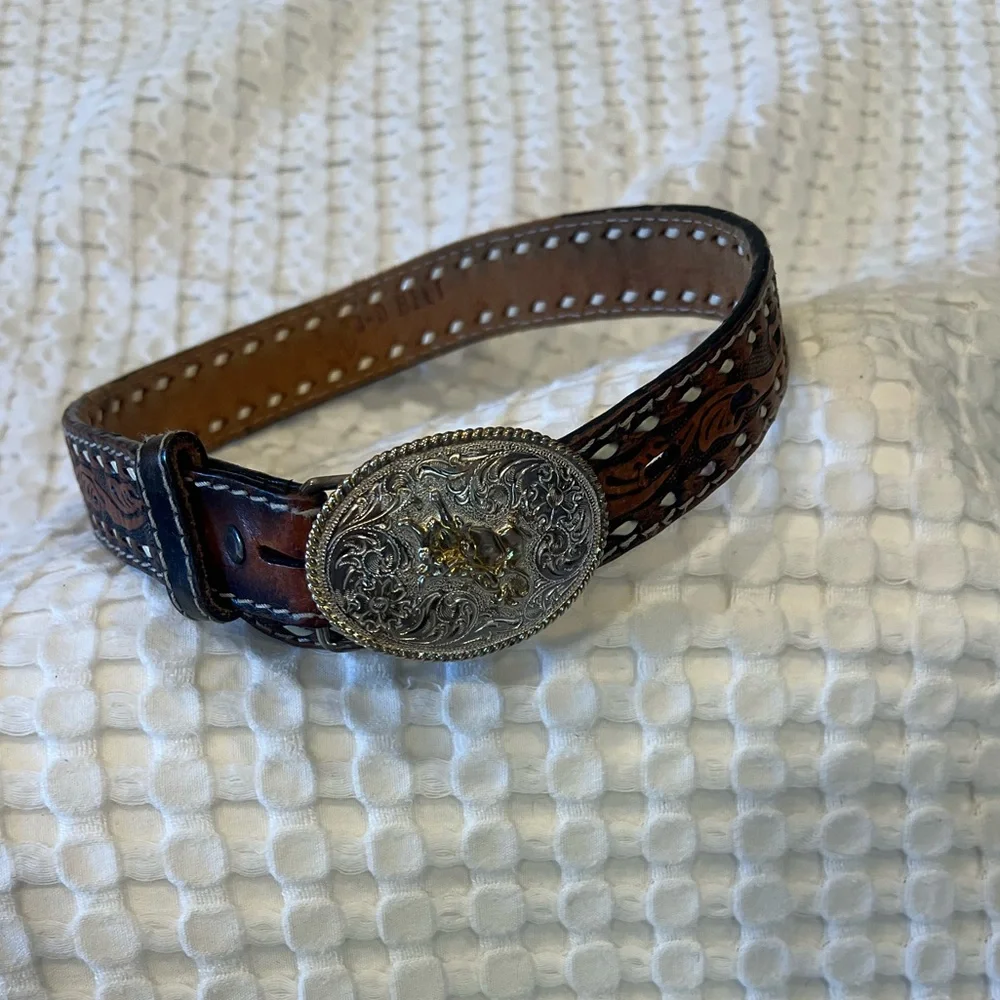 Brown Leather Boy’s Belt with Ornate Silver Buckle
